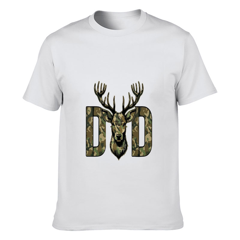 Hunting And Outdoor Shop - 男性女性ユニセックス半袖Tシャツ迷彩柄鹿の頭DADレターハンティンググラフィックアウトドアレトロスタイルソフトコットンホワイトTシャツ