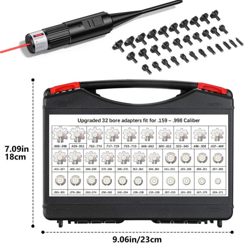 Laser Boresighter Kit - 充電式レーザーボアサイトキット 32アダプター USB充電 .177 .22～12GA タクティカルレーザーコリメーター