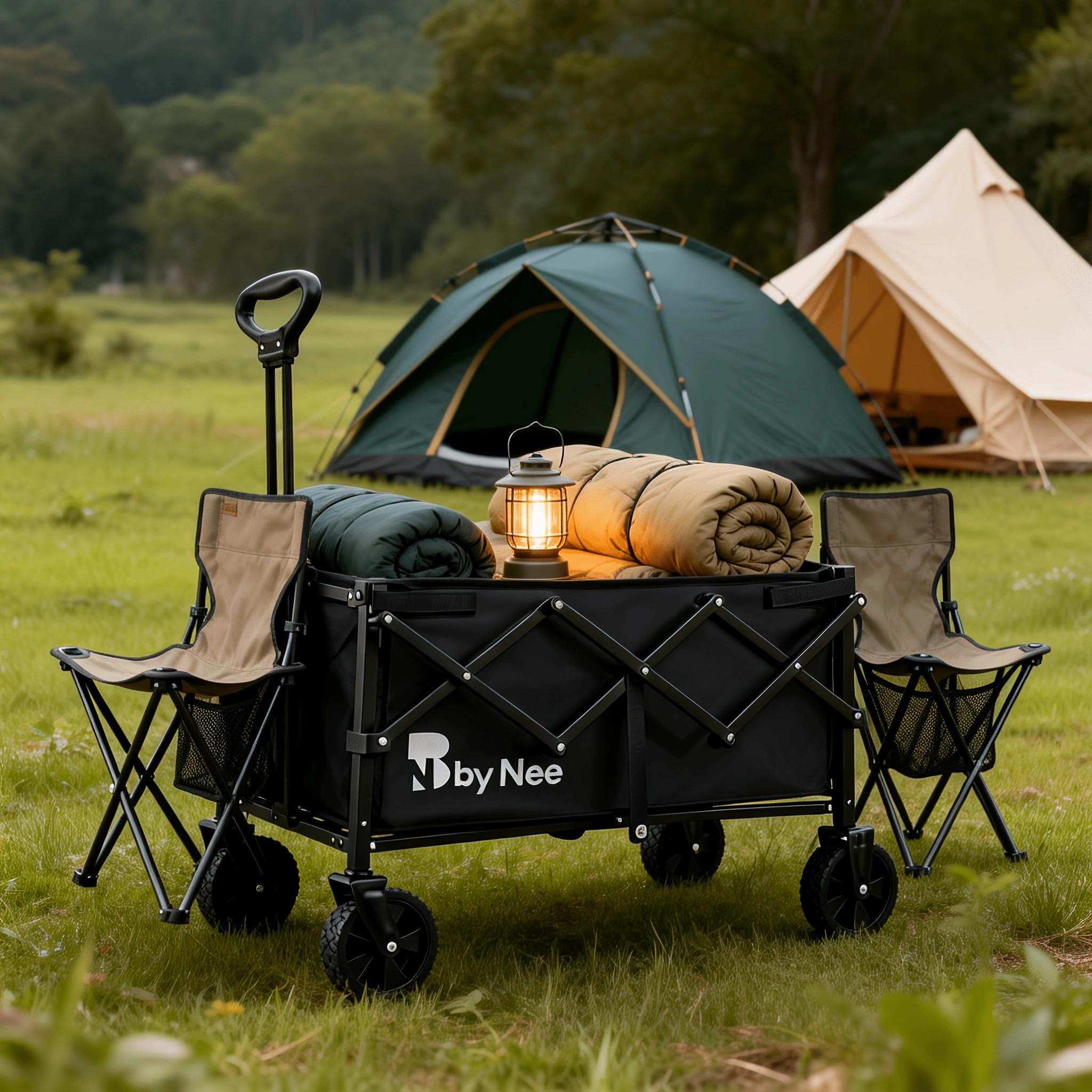 Hunting And Outdoor Shop - 頑丈な折りたたみ式ワゴンカート、折りたたみ可能なアウトドアキャンプビーチトロリー、全地形対応ホイール、炭素鋼製、600Dオックスフォード、耐荷重650ポンド、組み立て不要、ガーデンショッピングハンティングトロリー、ツールホルダー付き