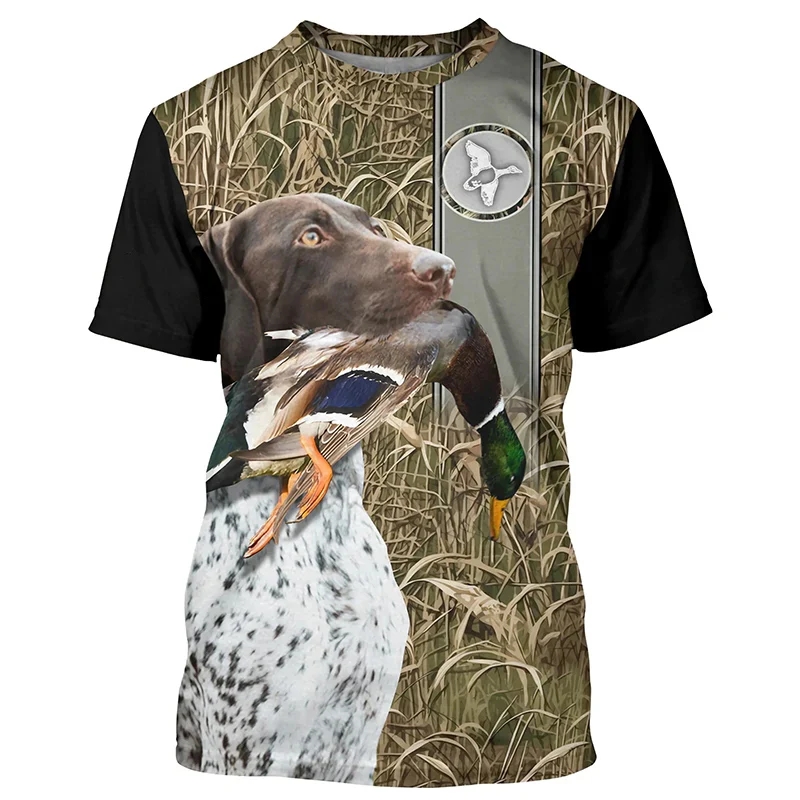 Hunting And Outdoor Shop - ハンティングカモフラージュダックメンズ半袖服トップス、狩猟用アニマル柄プリントトップスTシャツ、夏用メンズアウトドアTシャツ